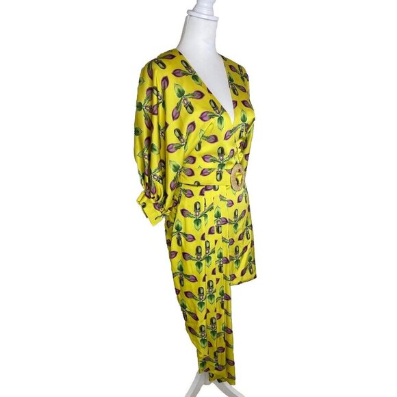 PatBo Asymmetrical Belted Floral Mini Dress Puff Sleeves Satin Yellow Size 4 - Picture 8 of 15